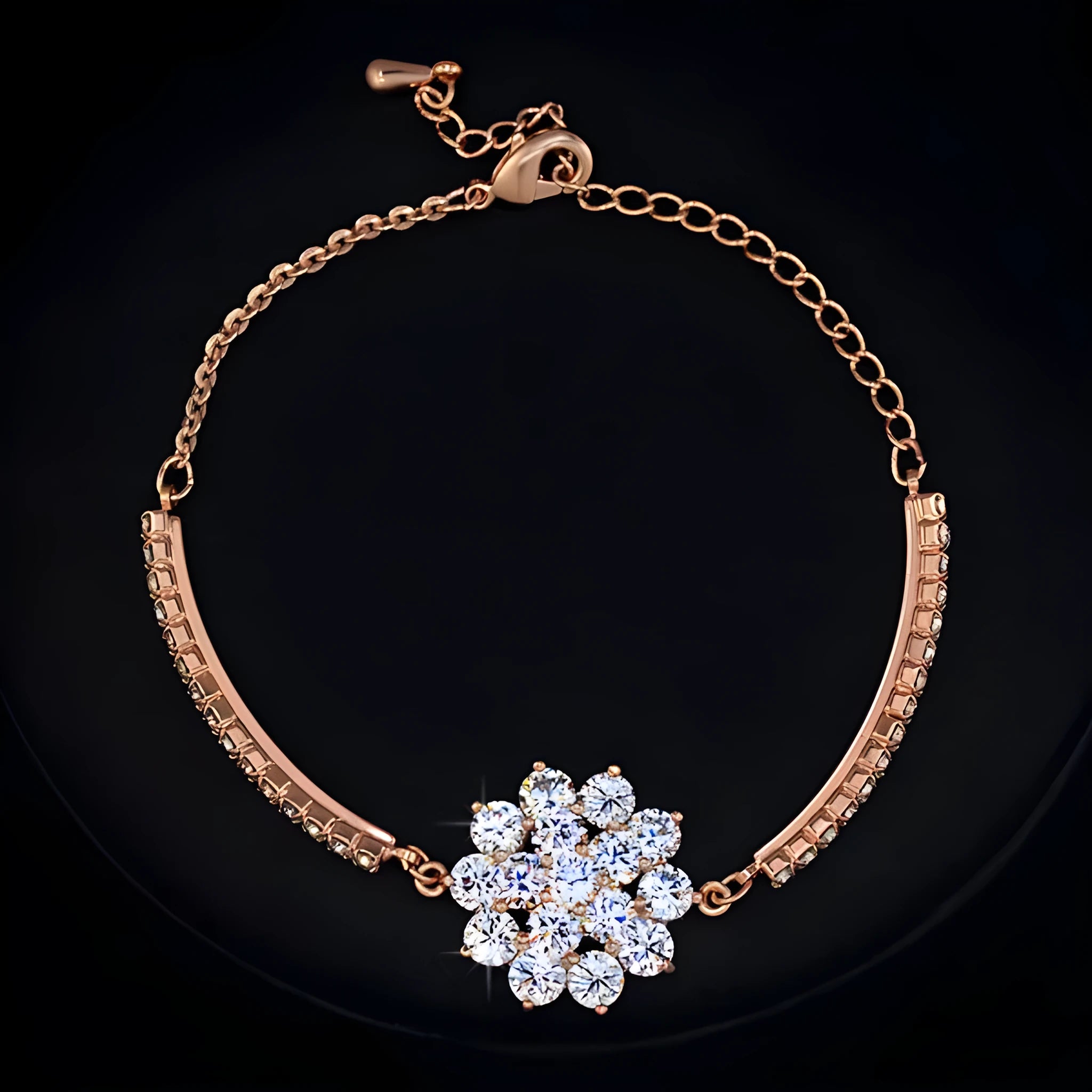 Rose gold cubic zirconia bracelet with cross crown Roman numeral motifs on alloy setting