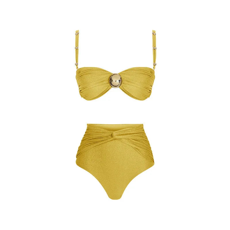 Women's high-waist split bikini set with matching skirt in yellow or green colour