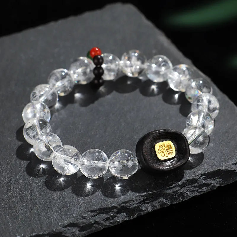 Natural white crystal ebony five warp handmade bracelet on neutral background