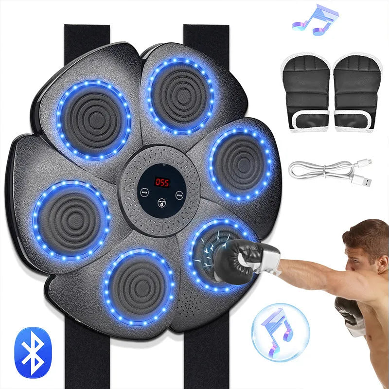 Black smart music boxing machine wall target with Bluetooth and LED lights, includes half finger boxing gloves
