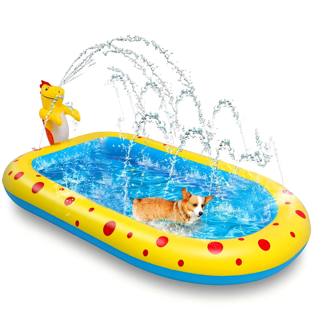 Blue inflatable dinosaur and shark themed children's play pool in a garden setting.