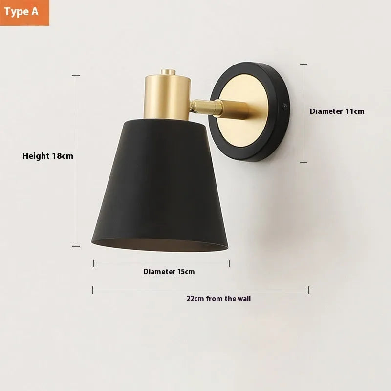 Nordic-style iron wall lamp mounted beside a bed with adjustable LED lighting