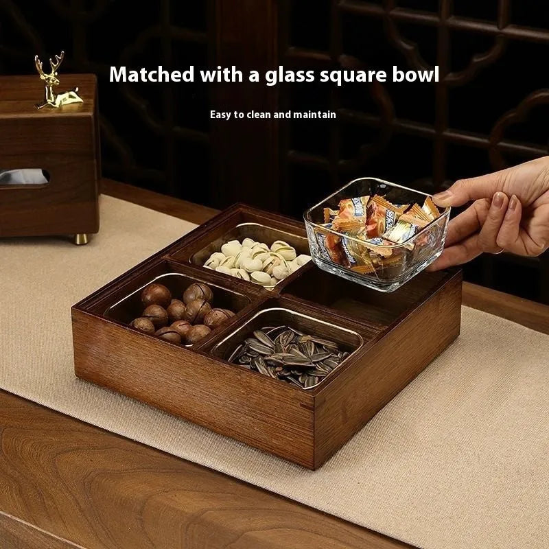 Solid wood acrylic dried fruit box with transparent grids in New Chinese style
