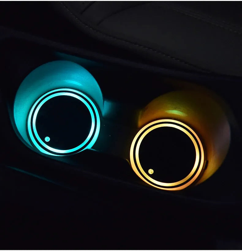 LED light up car cup holder coaster with seven colour options showing solar panel and USB charging port