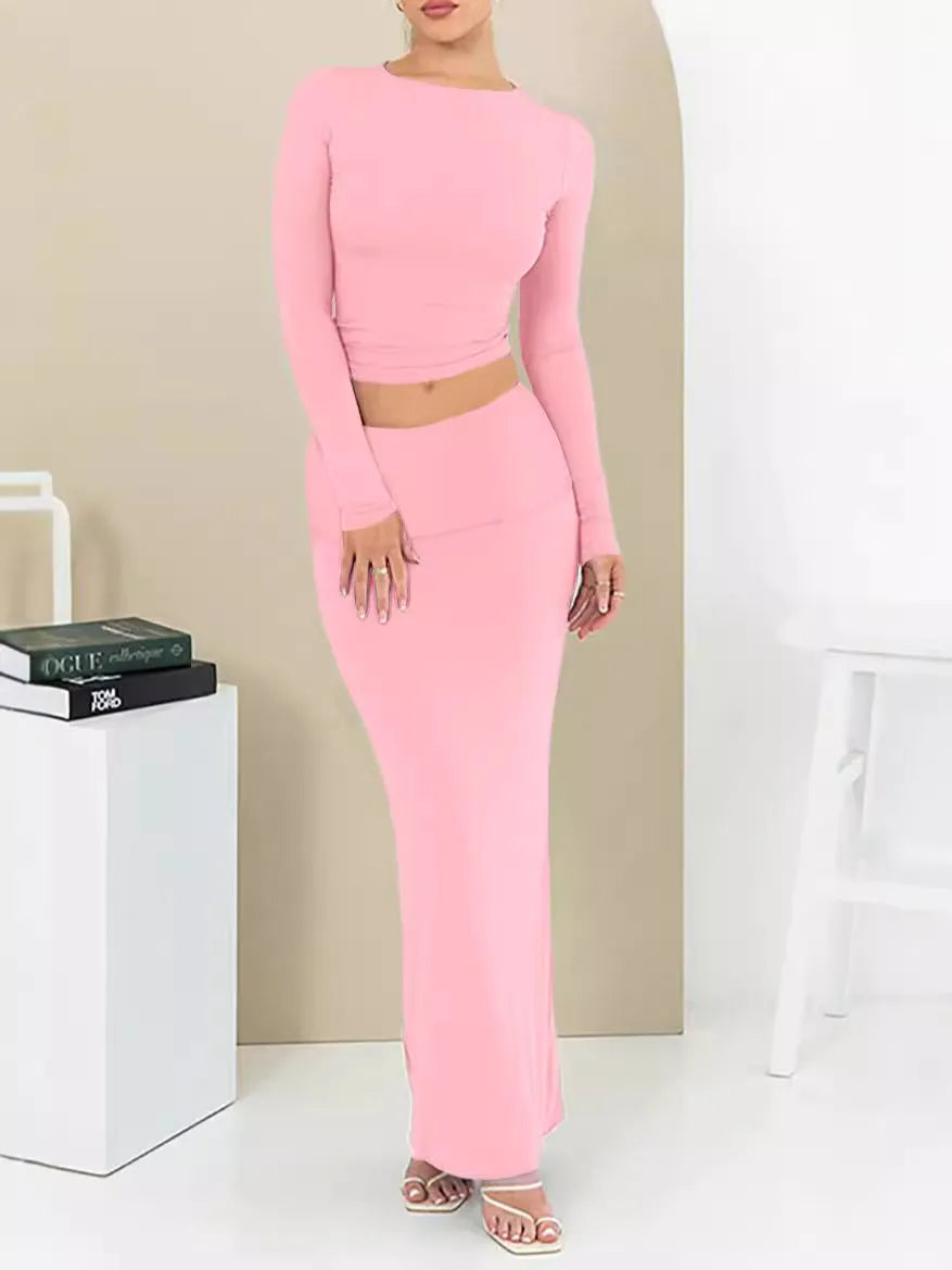 Women's polyester two-piece suit set with three-quarter sleeve top and long skirt in fresh sweet style