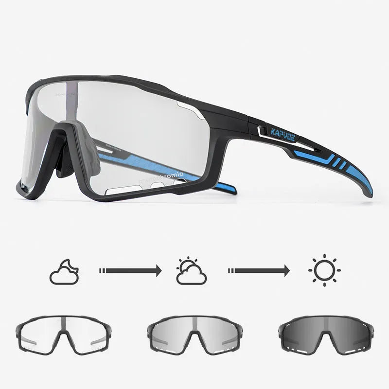 Photochromic cycling sunglasses with a semi-rimless TR90 frame shown in one of fourteen colour options.