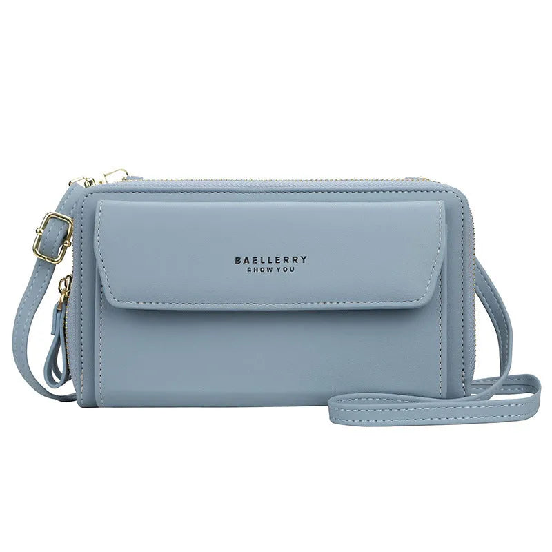 Ladies long wallet messenger bag in soft PU leather with double zipper and cross-body strap