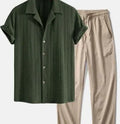 Men's slim fit camouflage print linen shirt and trousers casual set.