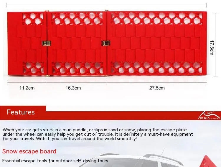 Folding anti slip mud snow rescue boards for automobiles in orange and red colours showing folded and unfolded positions