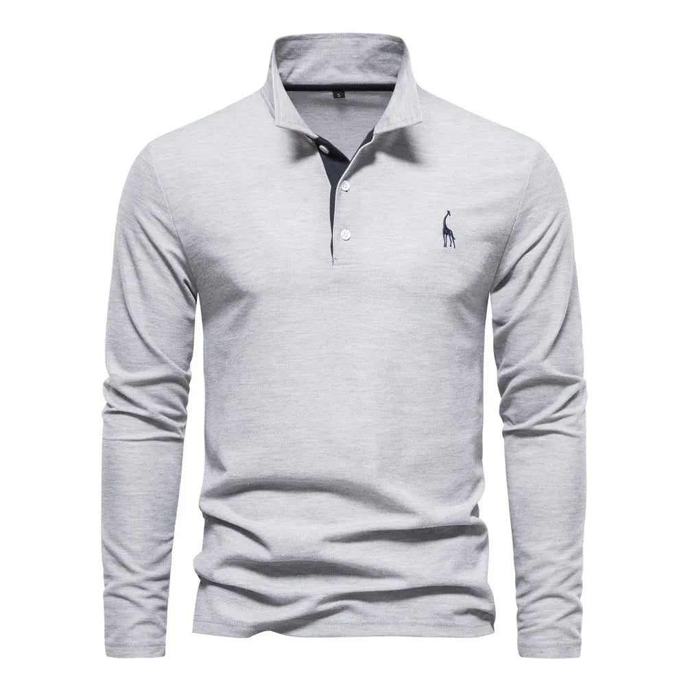 Men's fashion casual polo collar deer embroidered long sleeve top in white, cotton blend fabric, mosaic pattern detail