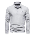 Men's fashion casual polo collar deer embroidered long sleeve top in white, cotton blend fabric, mosaic pattern detail