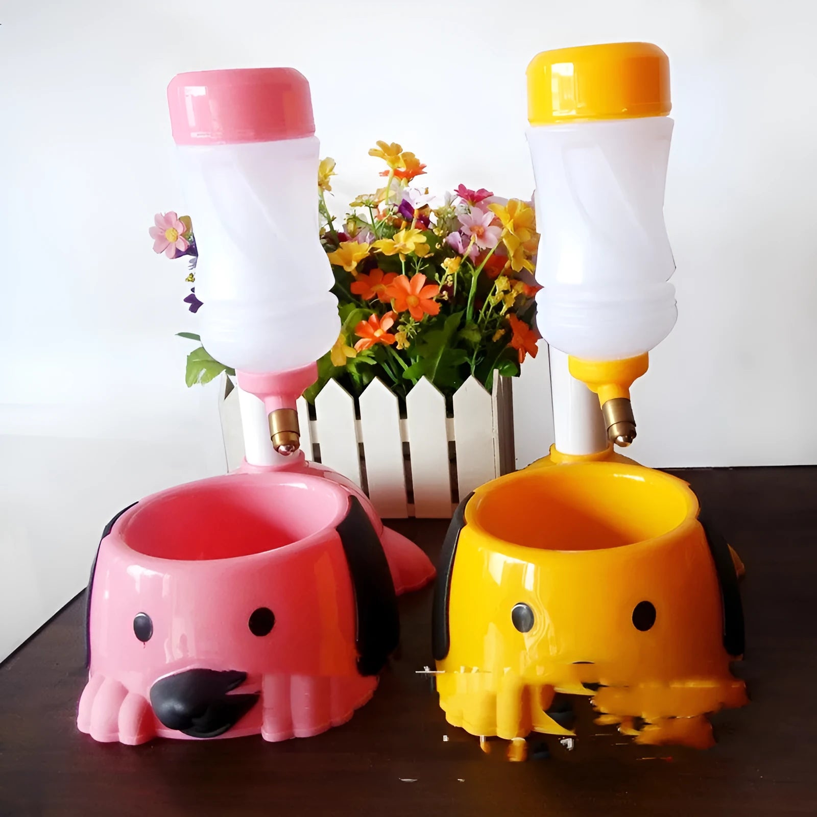 Rod lifting type adjustable pet drinking bowl in blue, pink, or yellow colours