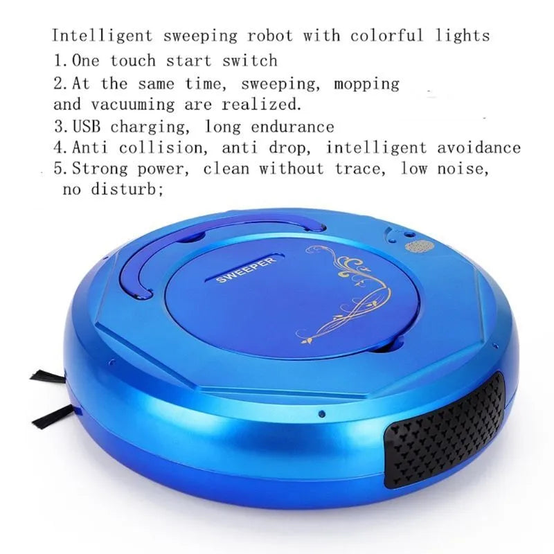 Lazy Smart floor sweeping robot vacuum cleaner in blue, black, or white on a hard floor.