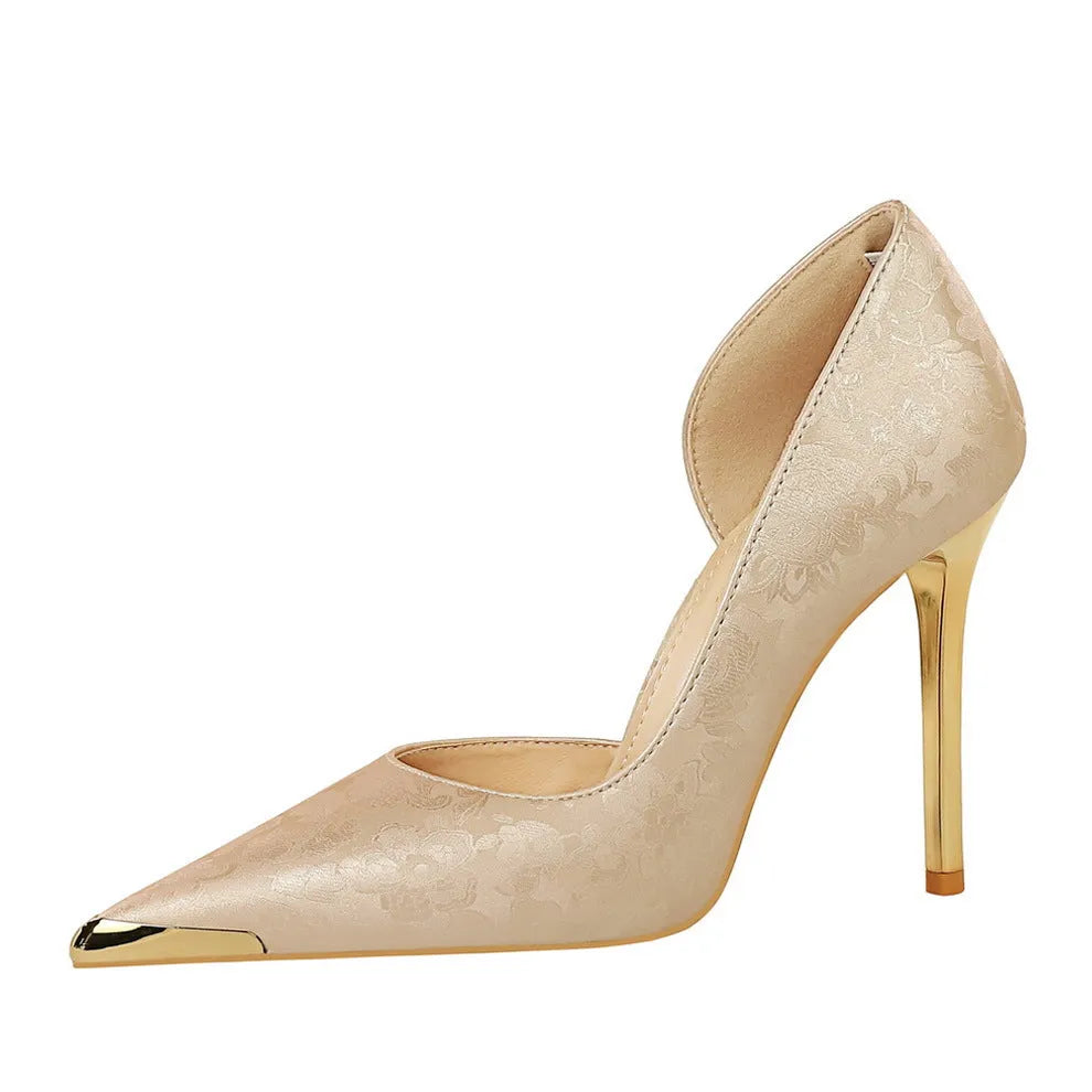 Women's satin pointed stiletto heel shoes with 6-8cm thin heel and rubber sole in solid colour