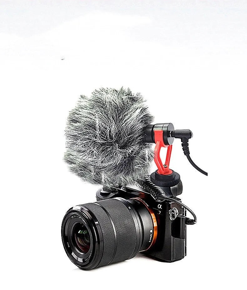 Black gun-type condenser microphone with metal housing and windproof wool cover, for mobile phone and SLR camera live streaming