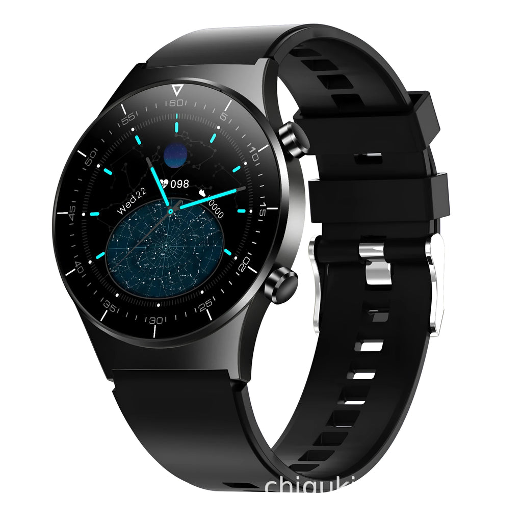 Black smart watch with astronaut bracelet design showing 1.3-inch touch screen displaying heart rate data