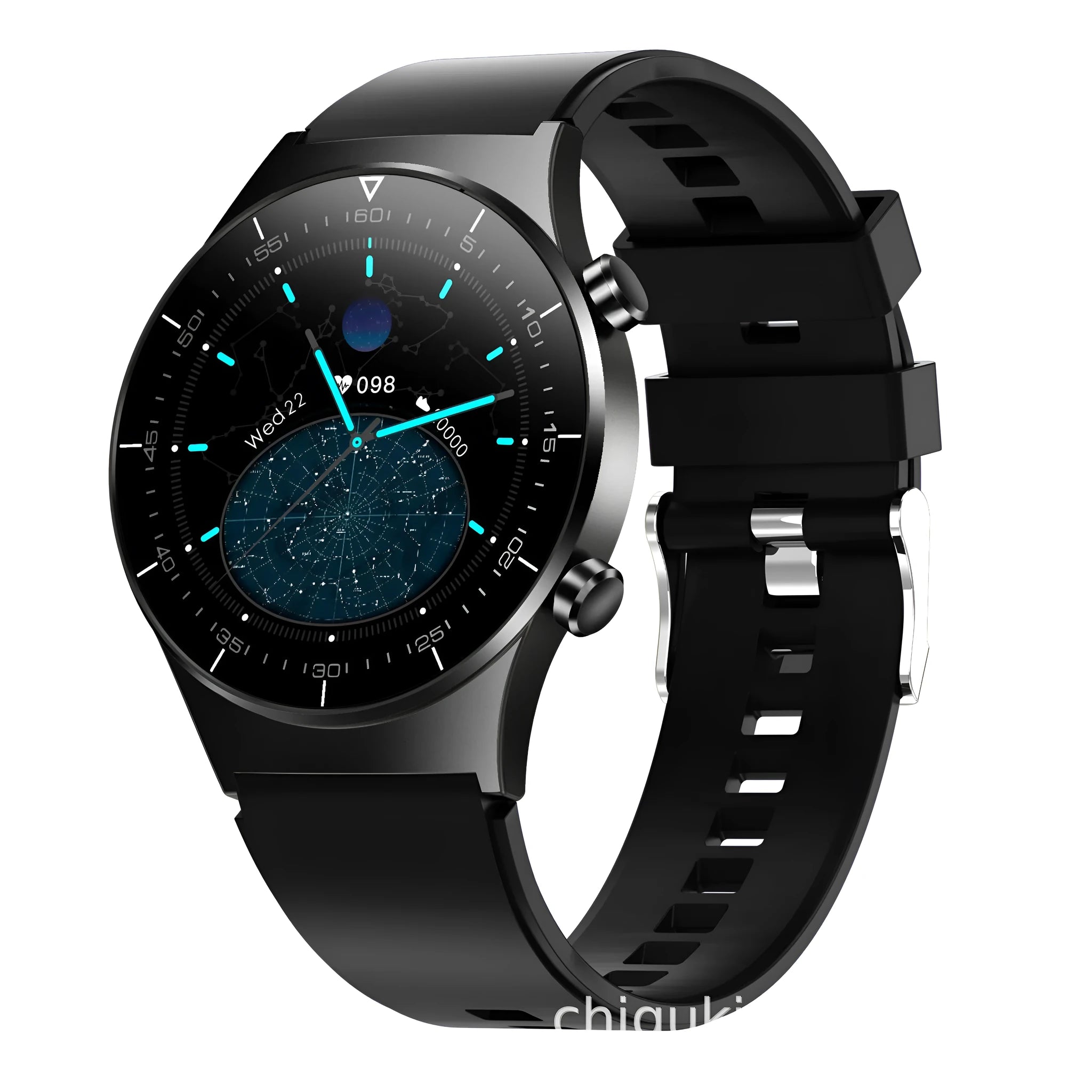 Black smart watch with astronaut bracelet design showing 1.3-inch touch screen displaying heart rate data