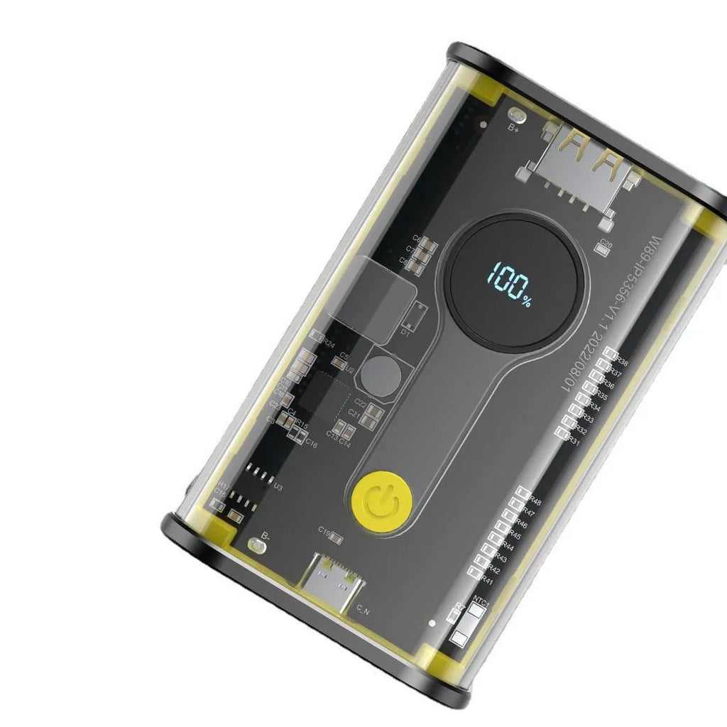 Transparent yellow industrial power bank showing internal aluminium battery case and 18650 cells