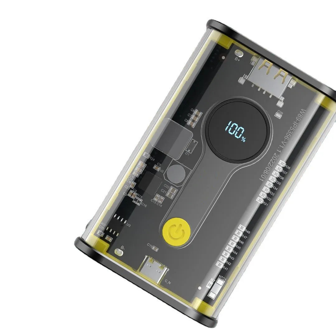 Transparent yellow industrial power bank showing internal aluminium battery case and 18650 cells