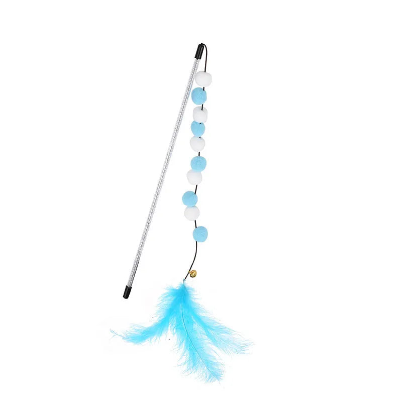 Blue cat teaser stick toy with a bell and a grey pompon feather, shown at approximate 31cm length.