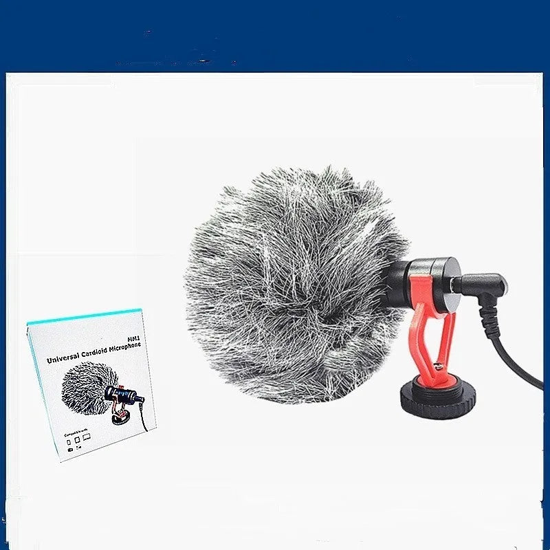 Black gun-type condenser microphone with metal housing and windproof wool cover, for mobile phone and SLR camera live streaming