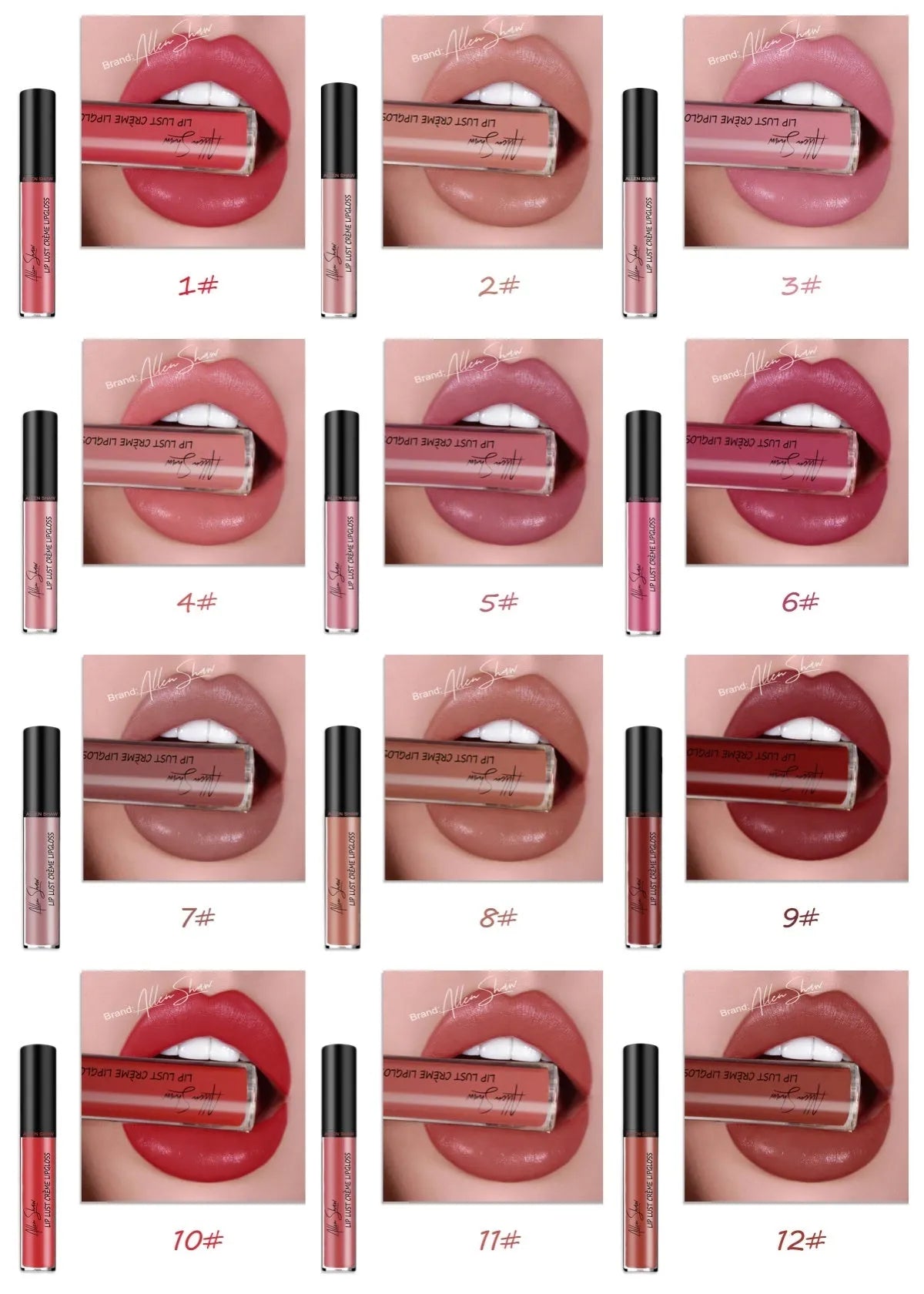 Silky cream texture lip gloss in a cross-border exclusive range of 12 different colours.