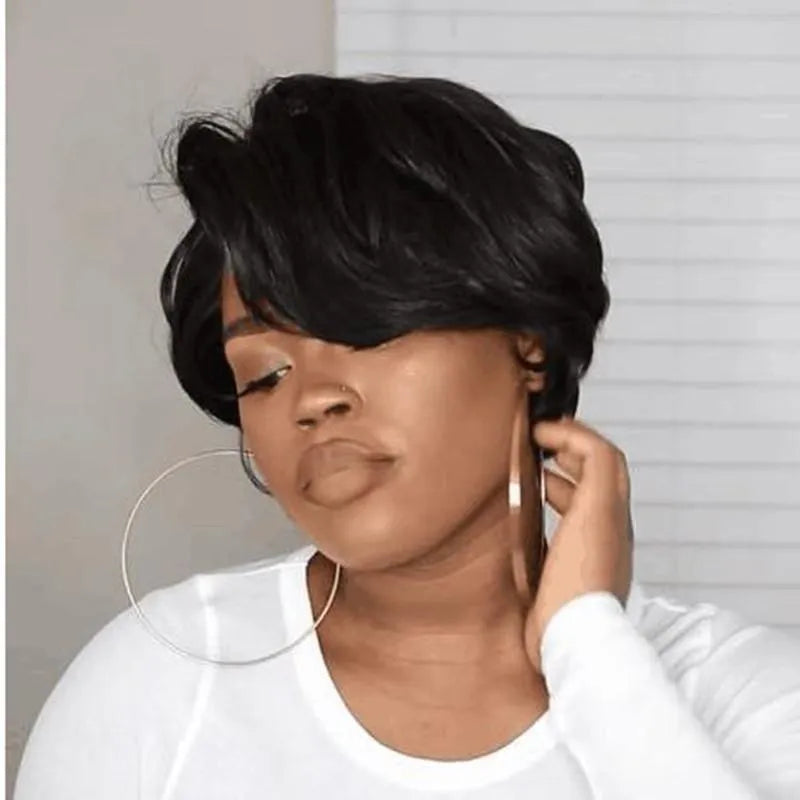 Short bob wig with lace frontal in black colour made from high temperature wire for hairstyle change