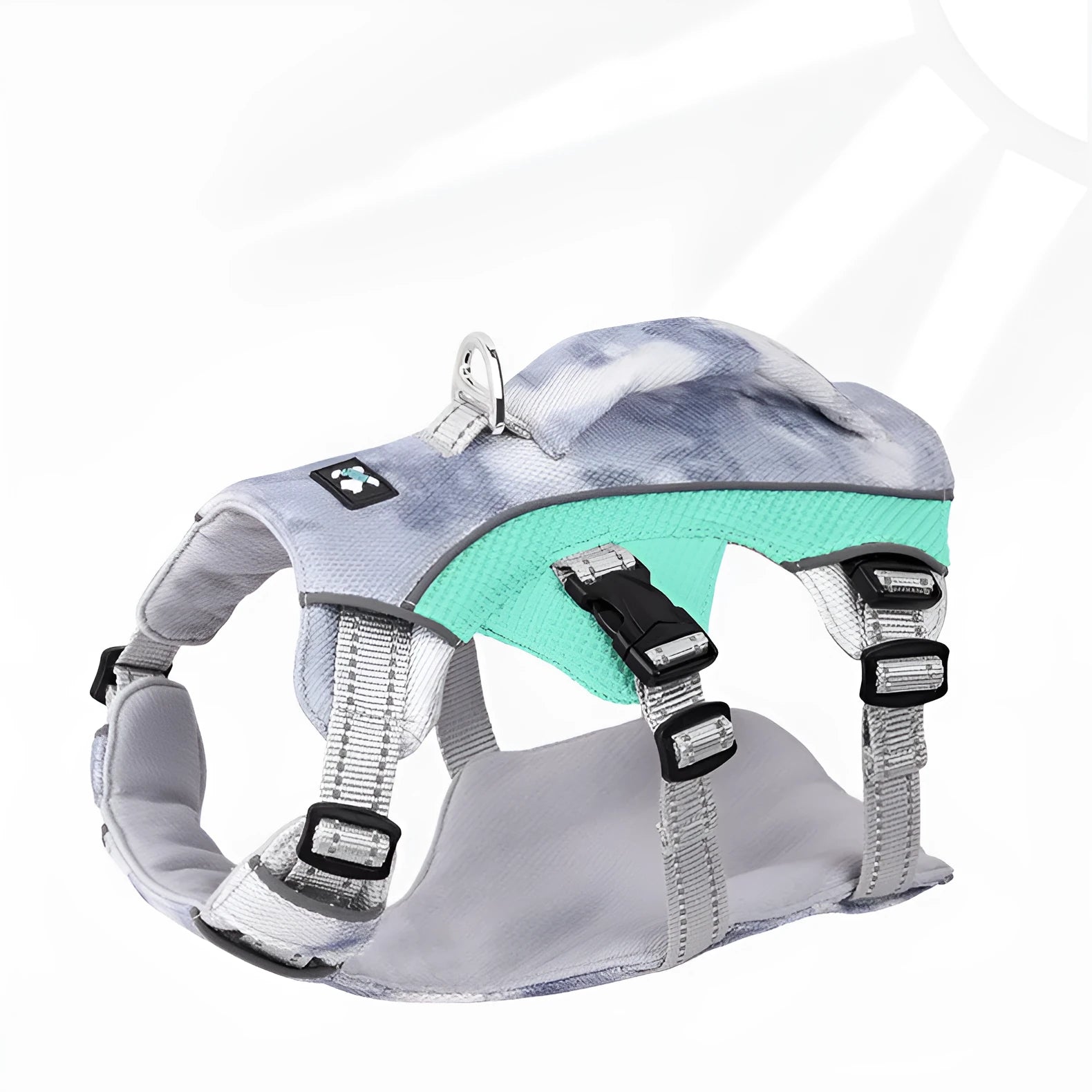 Reflective dog chest strap with LED strips in light blue, shown with adjustable fastenings.