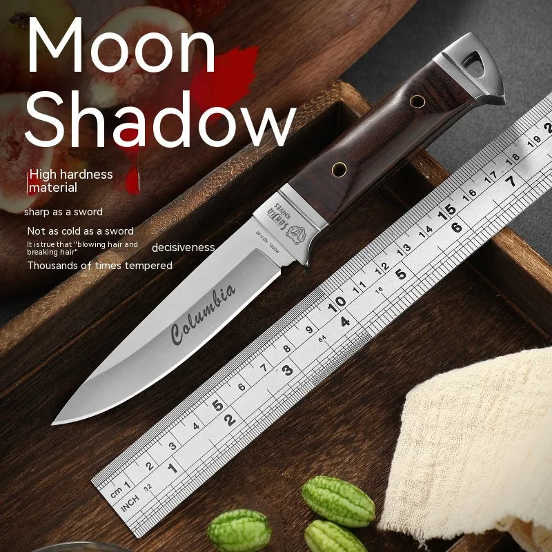 Camping portable fruit knife with stainless steel blade and brown leather protective case.