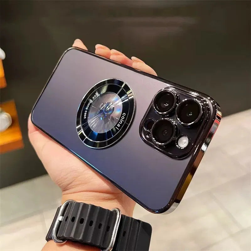 Magnetic hard shell PC phone case with lens protection for iPhone in black, all-inclusive coverage