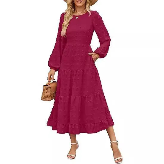 Women's solid colour long sleeve dress with ruffled sleeves and high waist in autumn colours