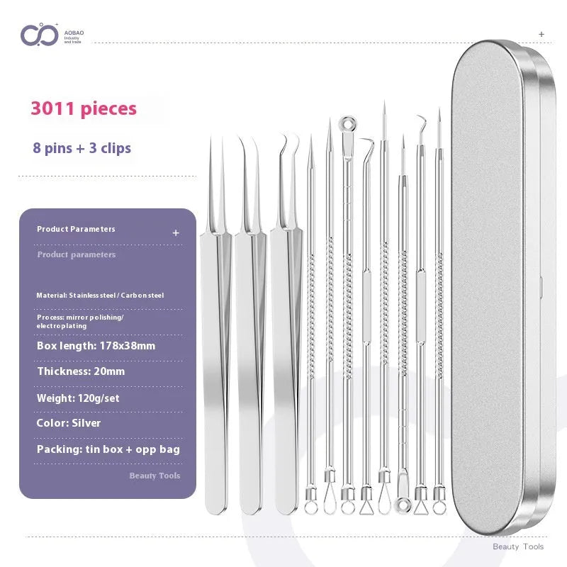 Four silver metal acne needles with ultra-fine pointed tips for skin treatment.