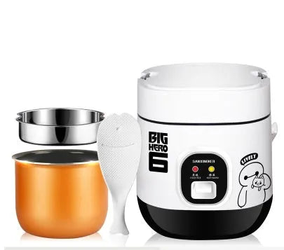 Compact round mini rice cooker with steaming pan and non-stick inner pot for 1-2 people
