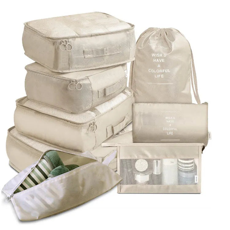 Eight-piece cube polyester storage bag set for travel with seal closure, available in multiple colours