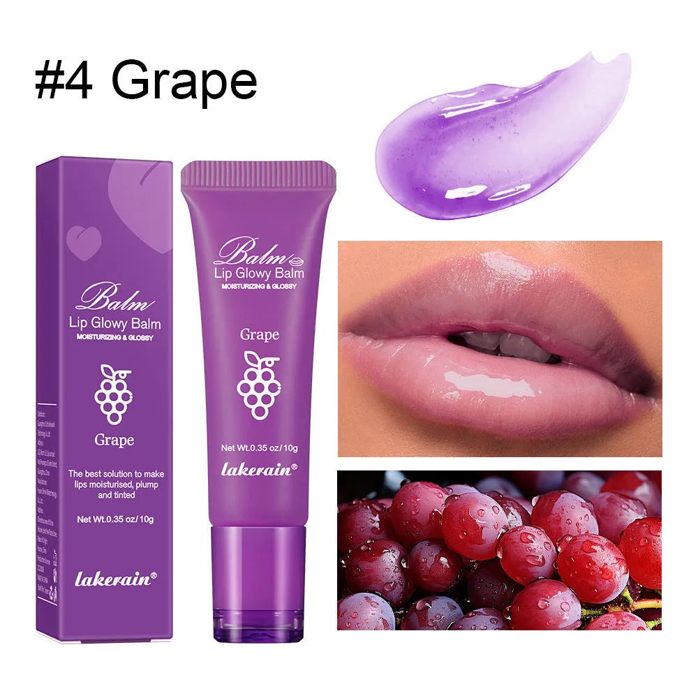 Women's flavoured lip gloss stick in berry, grape, grapefruit, and yellow peach shades.