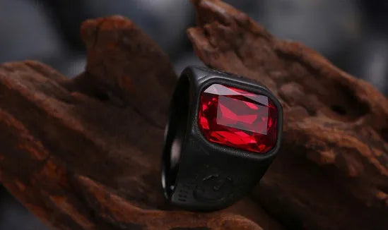 Vintage red stone black alloy ring with geometric electroplated finish, punk gothic style, available in multiple sizes