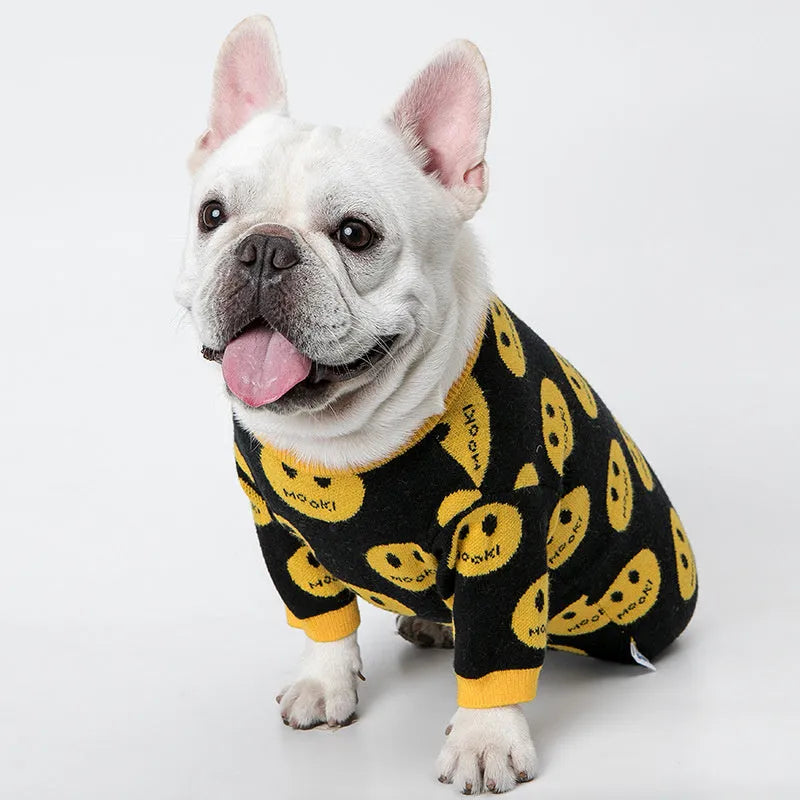 Pure wool smile animal sweater for dogs and cats in black colour, knitted fabric