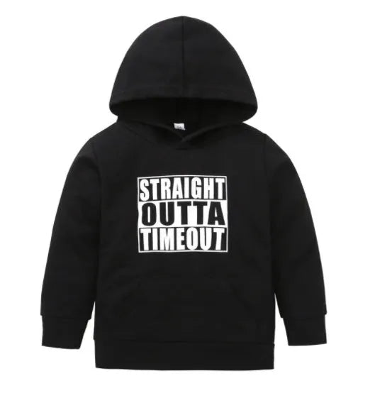 Children's hooded cotton letter top in black with long sleeves, pullover style, suitable for autumn and winter