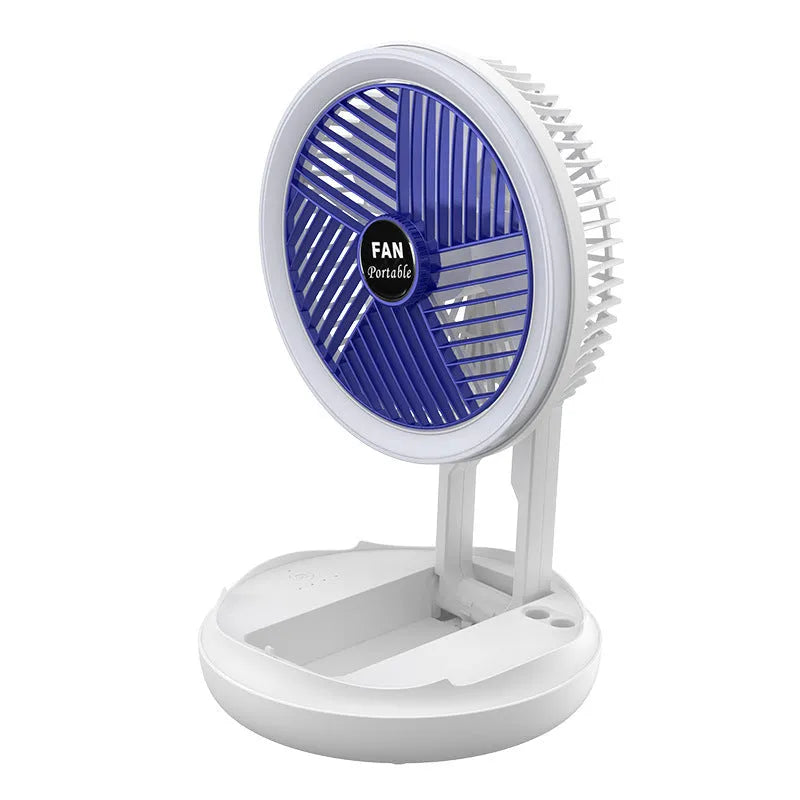 Blue foldable USB desk fan with LED light showing wall mount and ceiling hanging options
