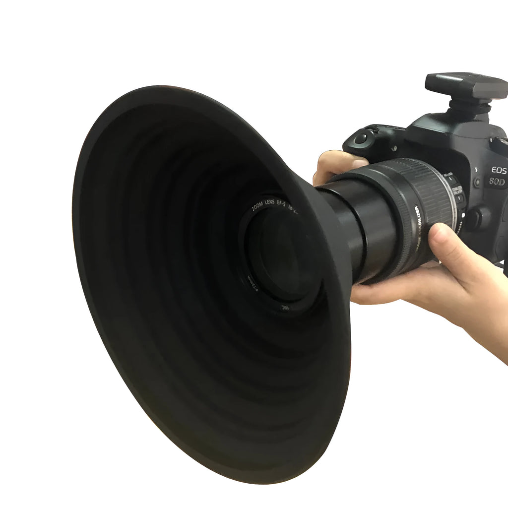 Black anti reflective silicone lens cover for SLR cameras with 21cm diameter