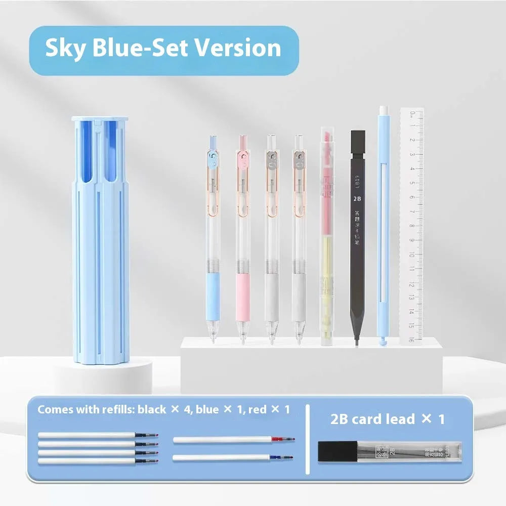 Plastic six pens pencil box kit with pressing pen in Sky Blue, White, or Pink colours.
