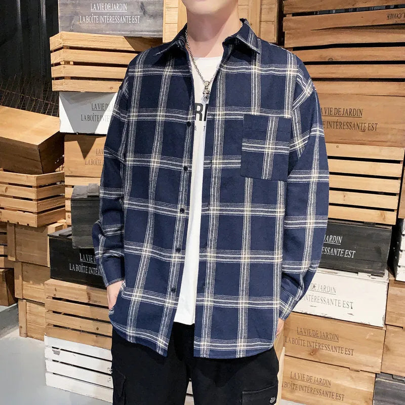 Men's loose-fit plaid long sleeve shirt in black, grey, and navy blue