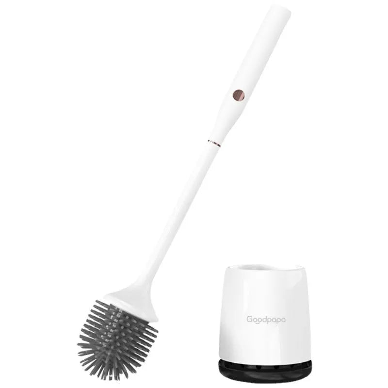 White wireless electric toilet brush with rotating head, ABS body, USB charging base, and PP brush on a bathroom floor