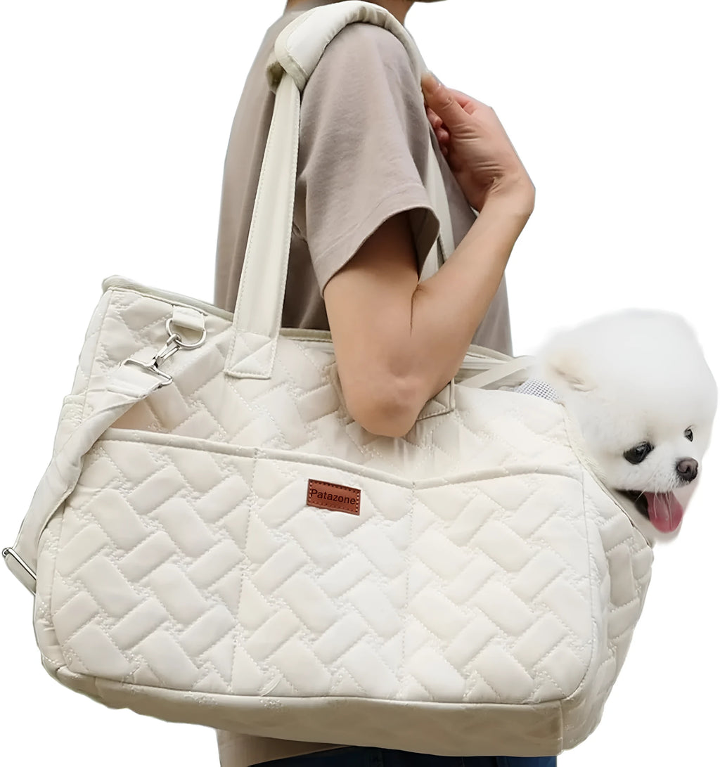 Grey pet carrier handbag with mesh side panels and multiple pockets for a small dog
