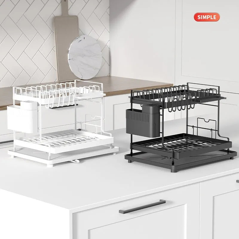 White double-layer kitchen storage rack with removable draining components on carbon steel frame