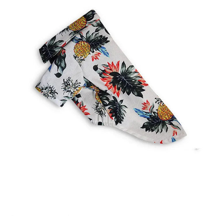 Hawaiian dog style shirt in cotton with multicolor print on a white background, sizes XS to XXL