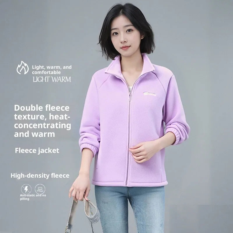 Women's polar fleece stand collar cardigan with zipper in orange