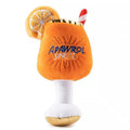 Yellow plush beer bottle squeaky dog toy with teeth-cleaning feature, 7cm size