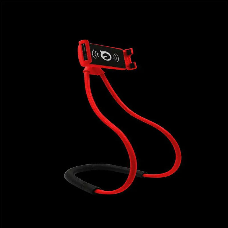 White flexible phone neck holder with 360-degree rotating clamp holding a smartphone