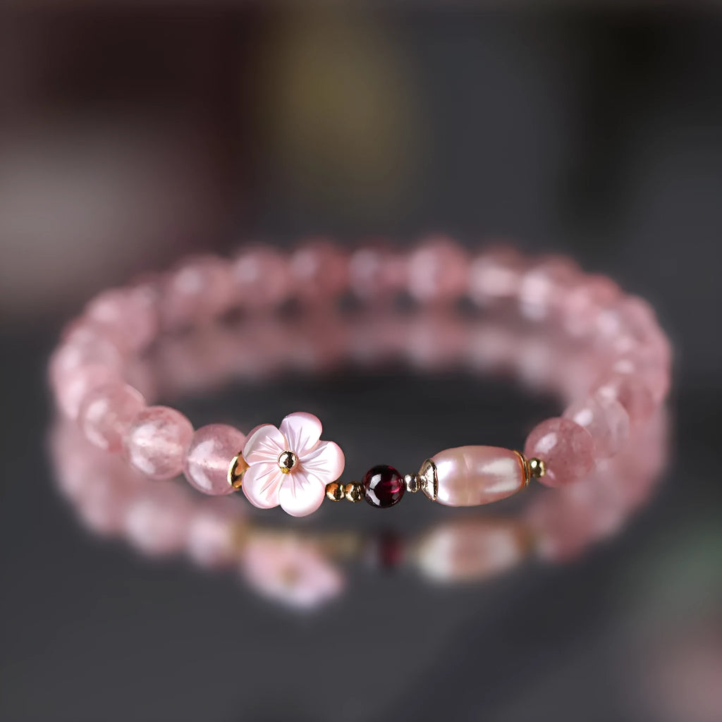 Strawberry quartz peach blossom bracelet with crystal flower design for women